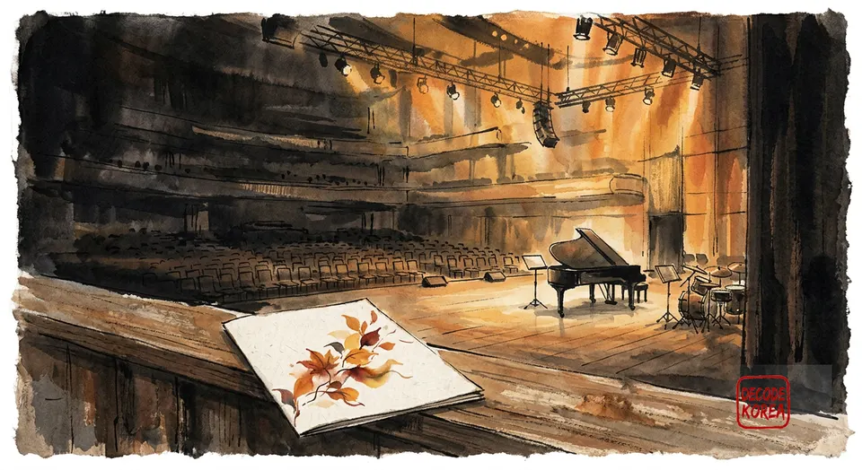 A modern ink-wash color painting of an empty indoor concert stage glowing under warm amber work lights with a blank paper program in the foreground.