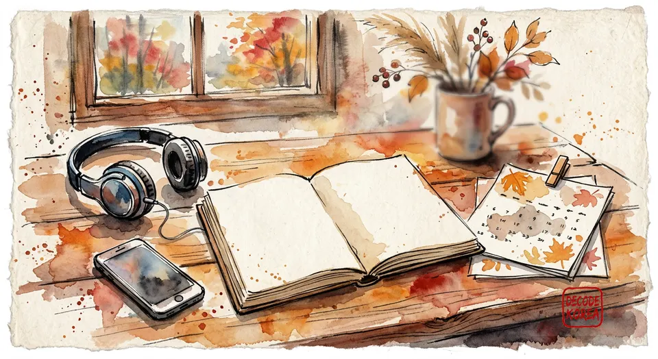 A modern ink-wash color painting of a blank notebook, headphones, calendar pages without readable dates, and a phone on an autumn desk.