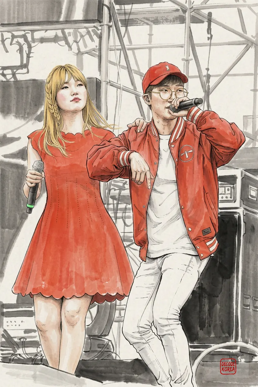 A realistic contemporary Korean ink-and-color painting of two musicians performing on an outdoor festival stage, both holding microphones, rendered with fine ink lines and translucent mineral colors on hanji-textured paper.