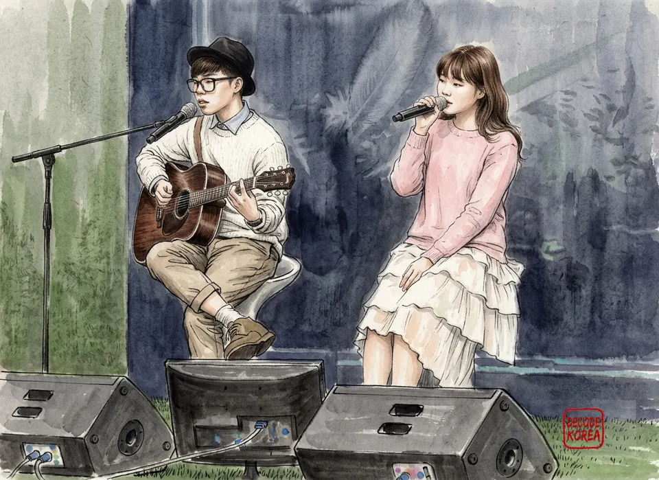 A modern ink-wash color painting of AKMU performing together at Seoul Forest in April 2014.