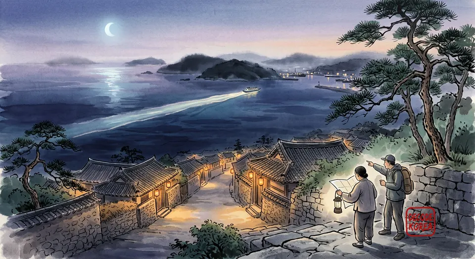 Travelers overlook an ink-wash heritage street, ferry wake, and island harbor.
