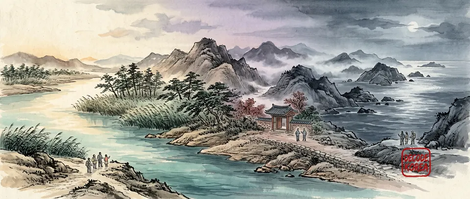 An ink-wash landscape joining a city river, mountain gate, and island coast.