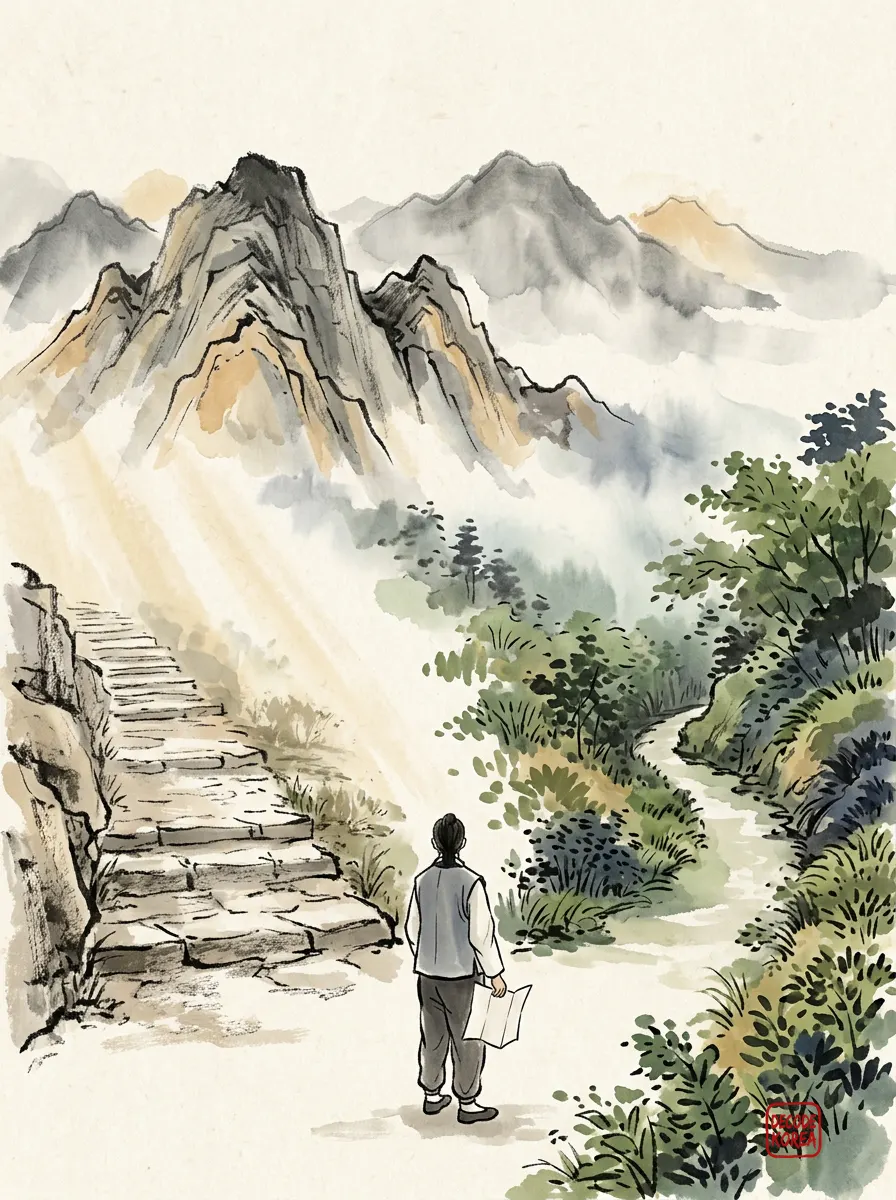 A modern Korean ink-wash landscape in which an anonymous traveler pauses between a stone path and a green valley path.