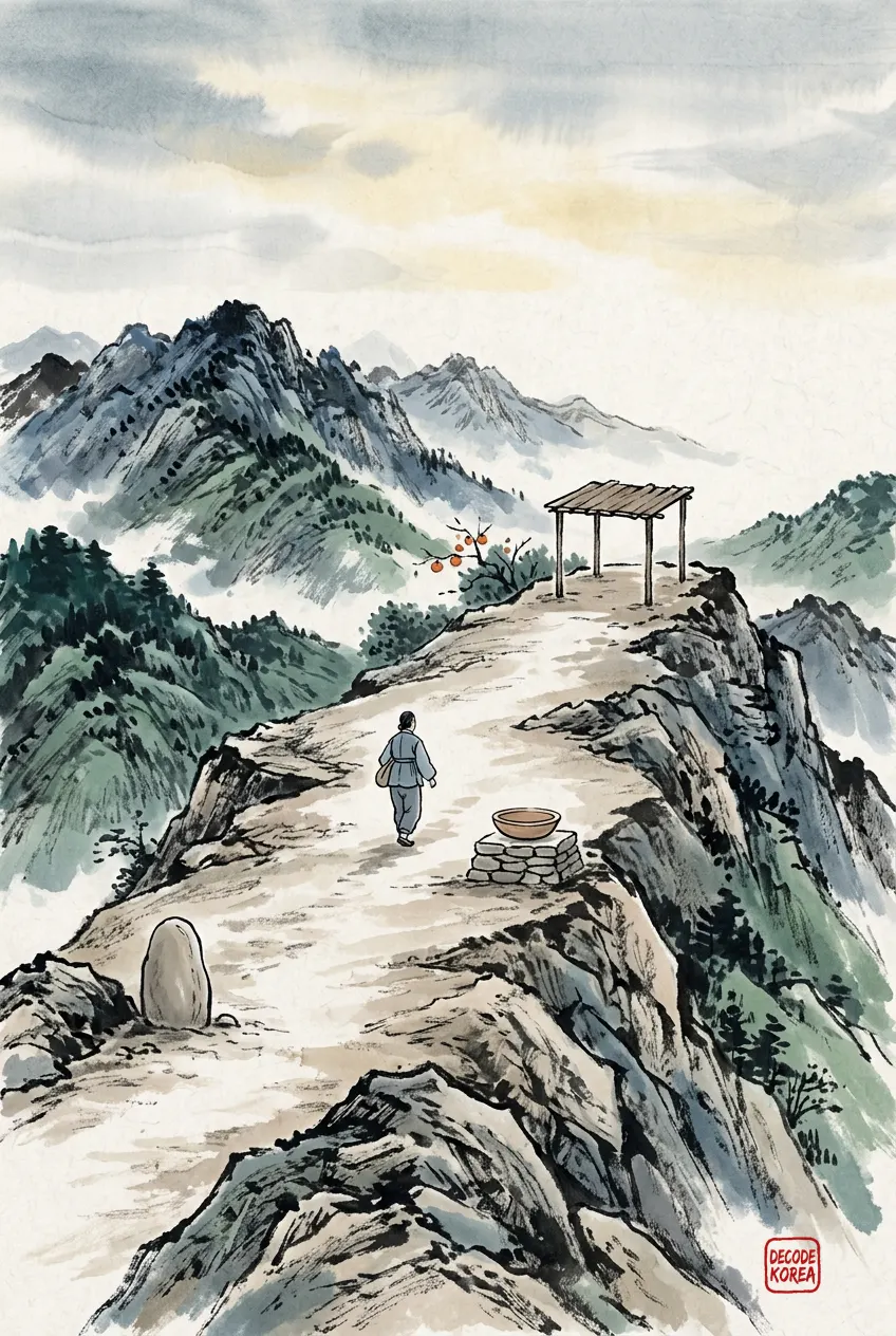 One traveler passes a plain stone, an empty bowl, and a rain canopy along an imagined ink-wash ridge path.