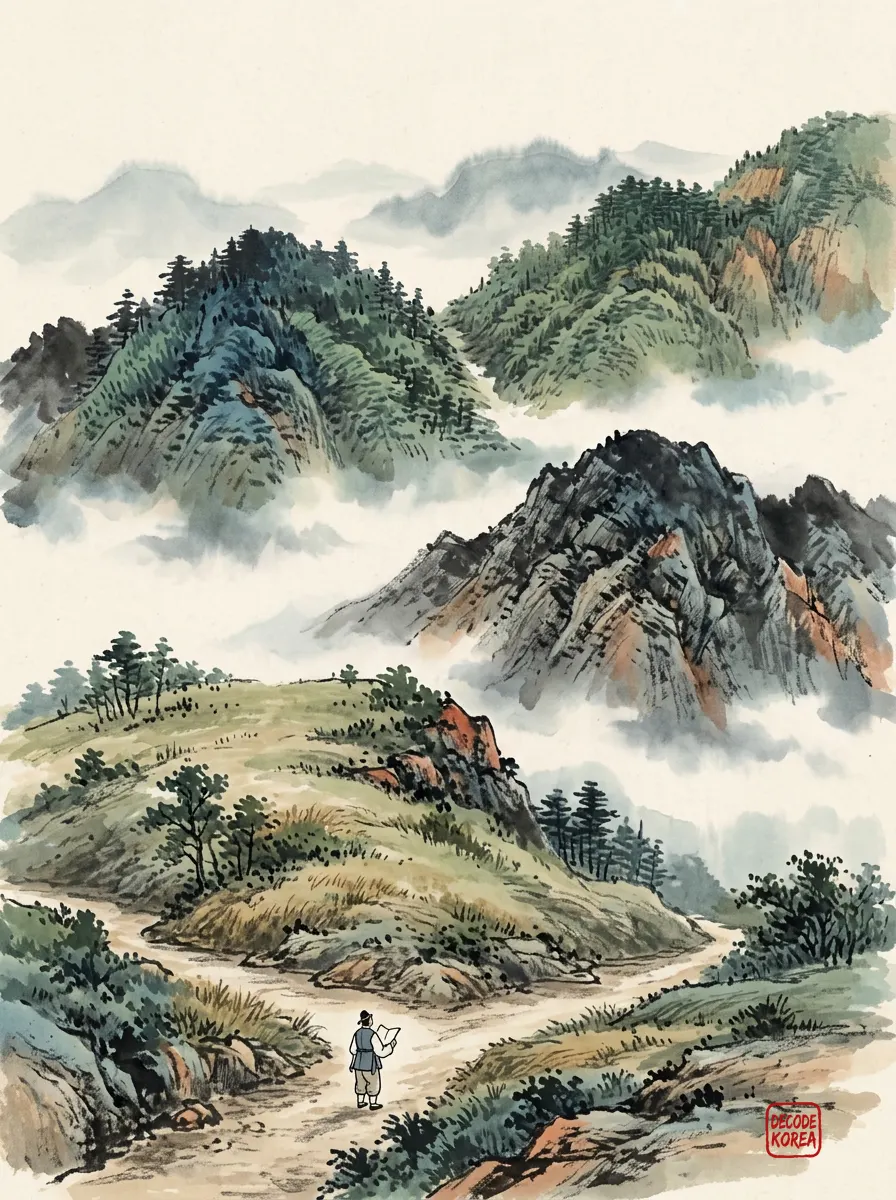 An ink-wash traveler pauses at a fork beneath three imagined mountain ridges.