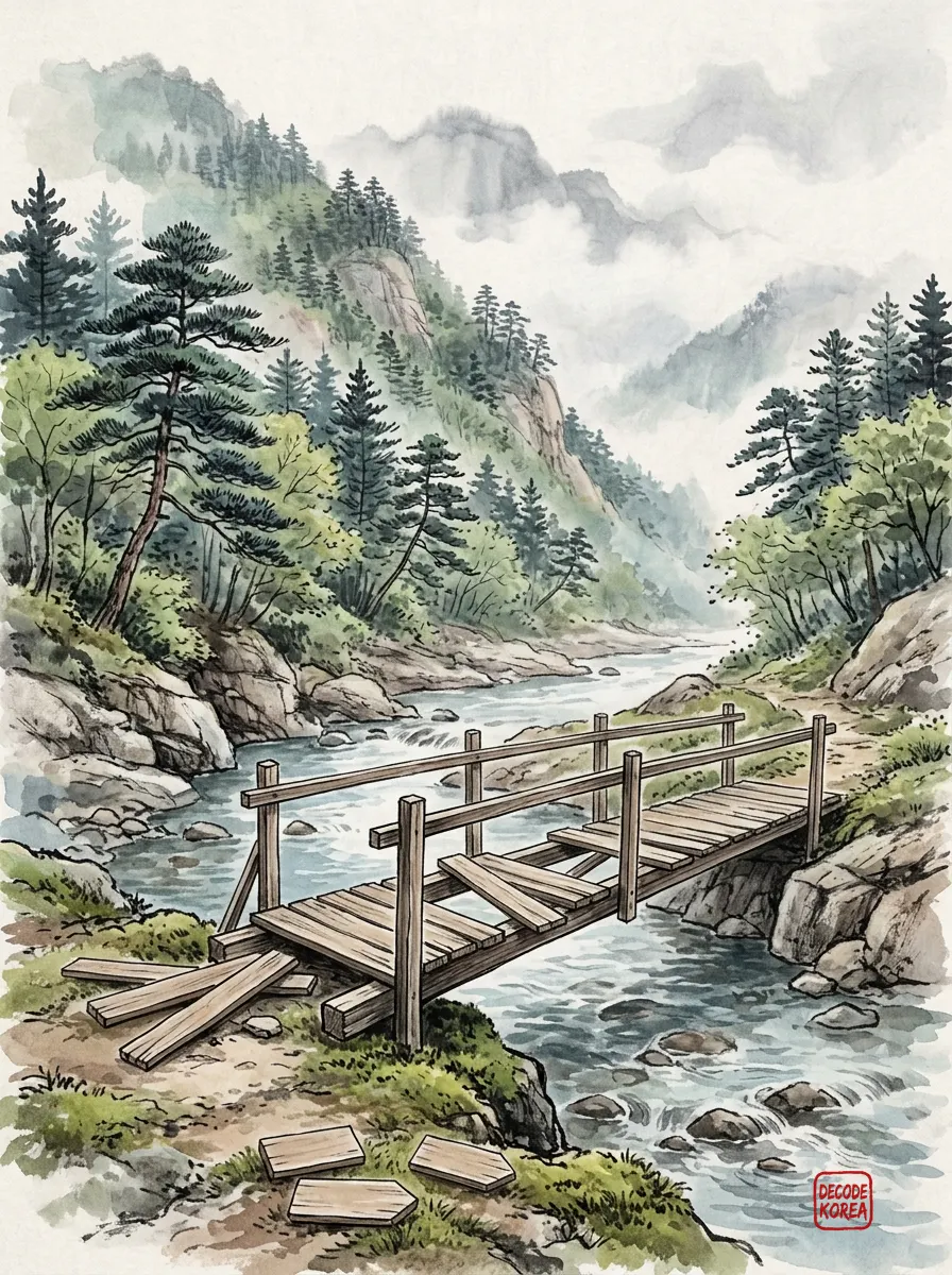 Three blank trail tokens rest before an unfinished bridge in an imagined ink-wash ravine.