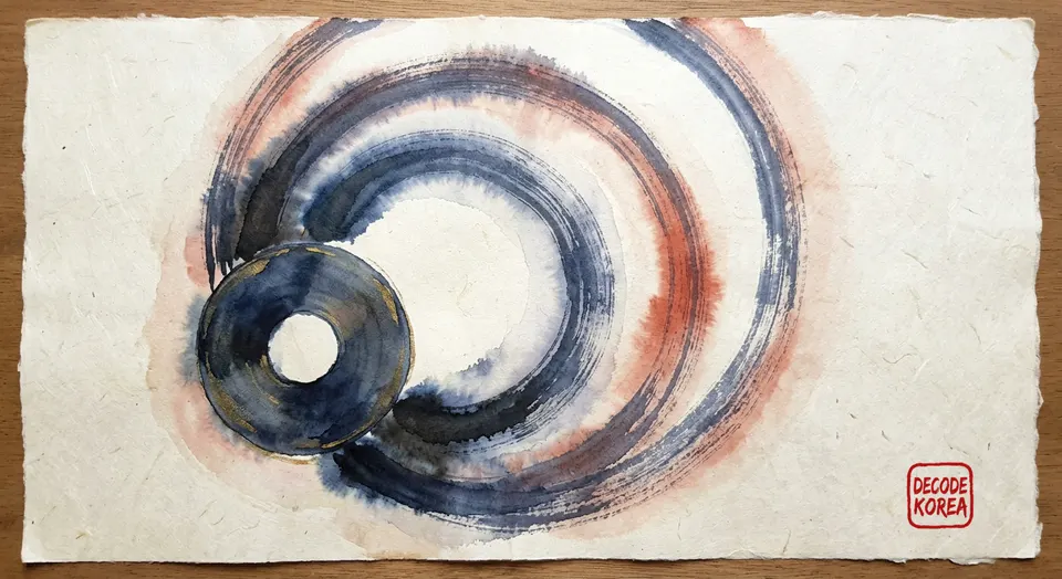 A modern ink-wash painting of a blank listening disc sending indigo and persimmon rings across textured hanji paper.