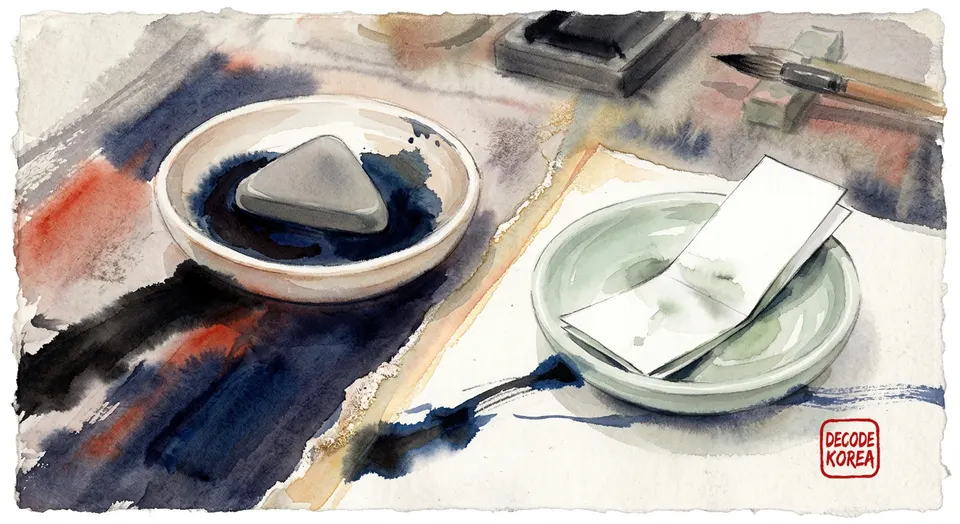 Two ceramic dishes separately hold a blank play-shaped stone and folded blank paper strips on an ink-wash desk.
