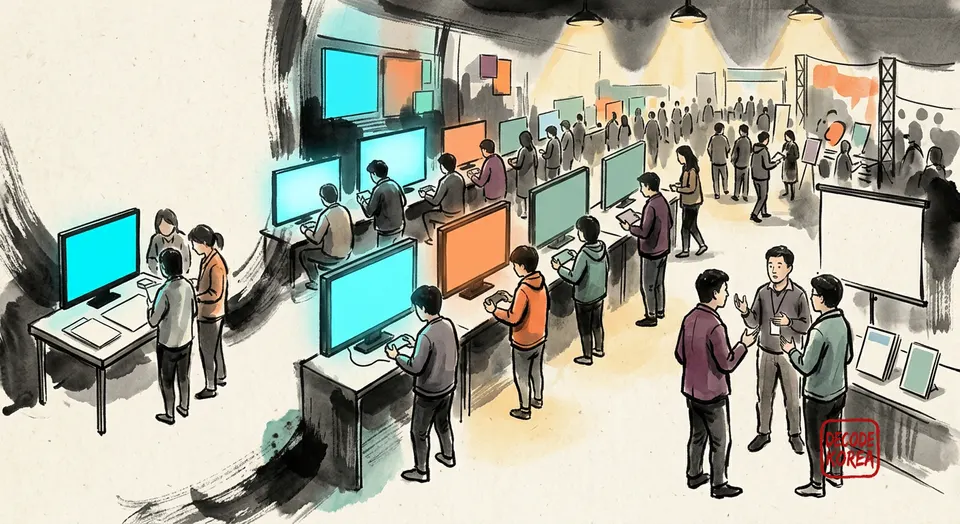 A modern Korean ink-wash painting of anonymous players and small creator teams connected by glowing abstract game windows.