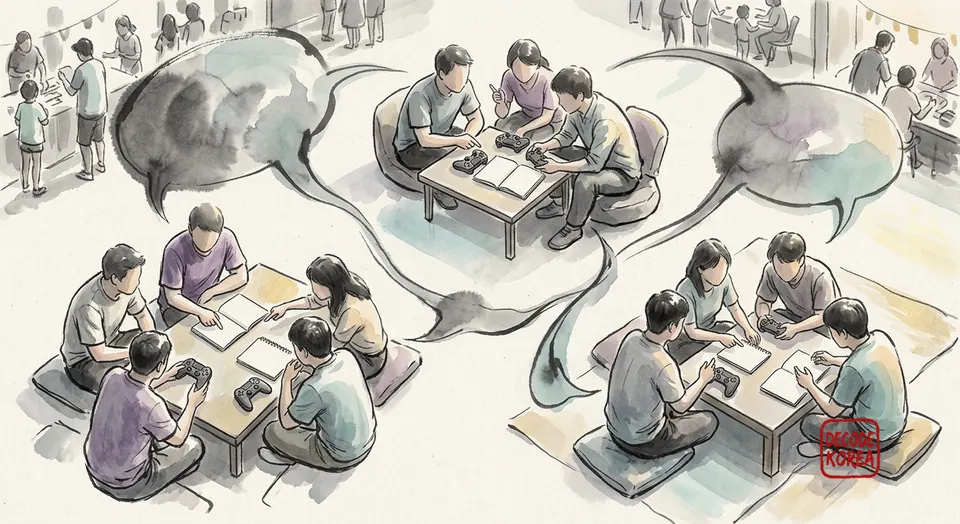 A modern Korean ink-wash painting of controllers, notebooks, and speech-bubble-like ink shapes linking small groups after play.