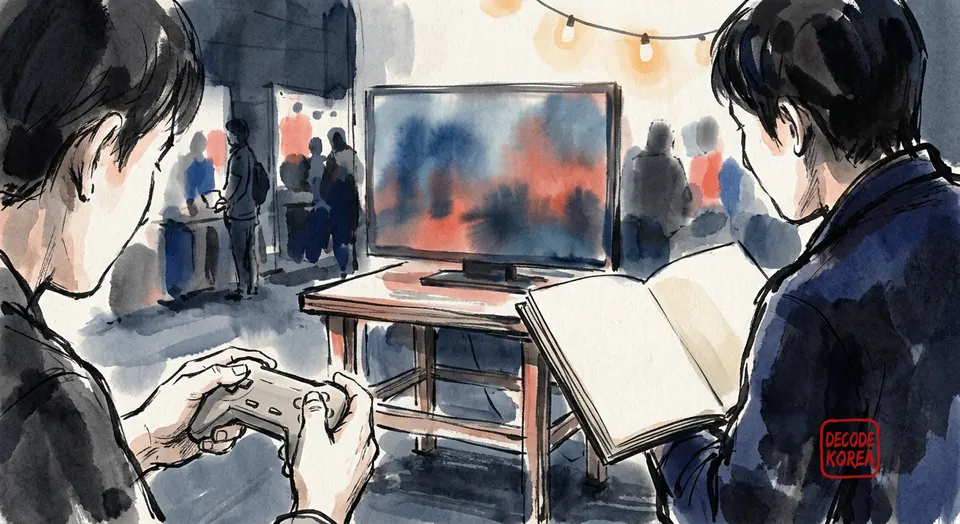 A modern Korean ink-wash painting of one compact game station surrounded by curious anonymous visitors and a creator's sketchbook.