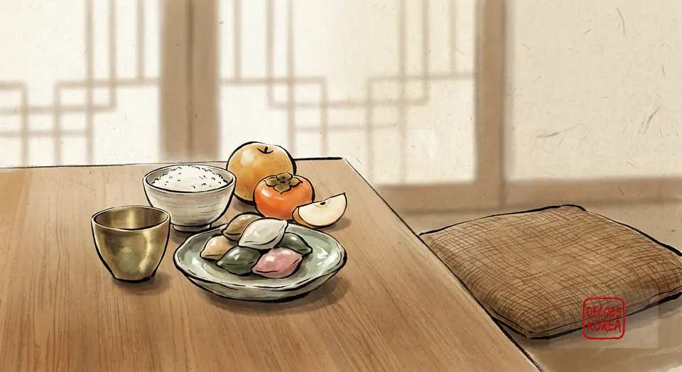 A modern Korean ink-wash color painting of songpyeon, fruit, a rice bowl, and a single brass cup arranged as a compact Chuseok serving set beside an empty floor cushion.