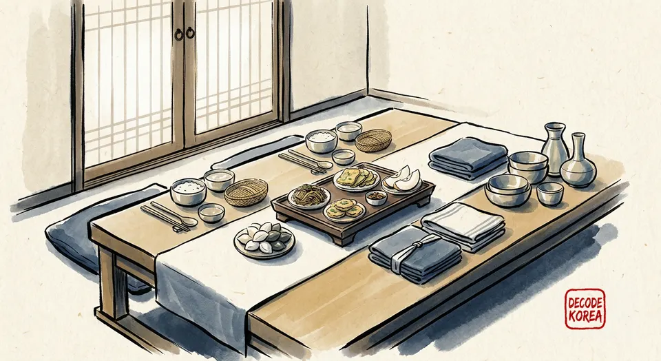 A modern Korean ink-wash color painting of a small Chuseok food tray beside folded cloths and unused brass vessels in a quiet dining room.