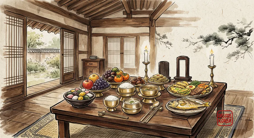 A modern ink-wash color painting of a Chuseok ceremonial table with songpyeon, fruit, rice, jeon, and brass vessels in a quiet Korean hanok interior.