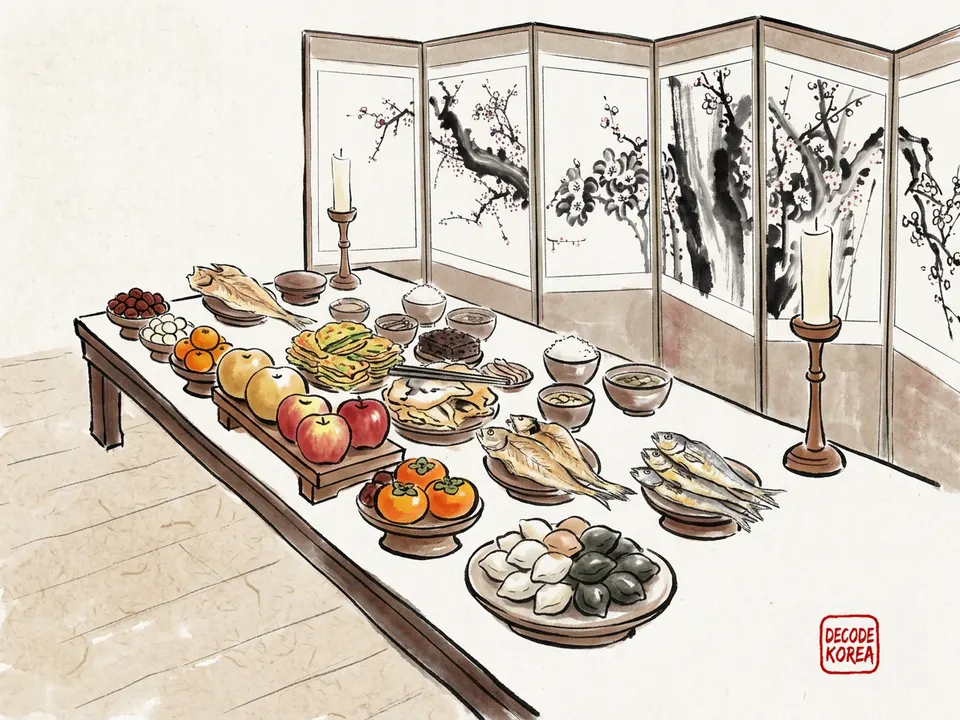 A modern ink-wash color painting of a side view of a Chuseok table with open spaces, fruit, songpyeon, jeon, and a folding screen.