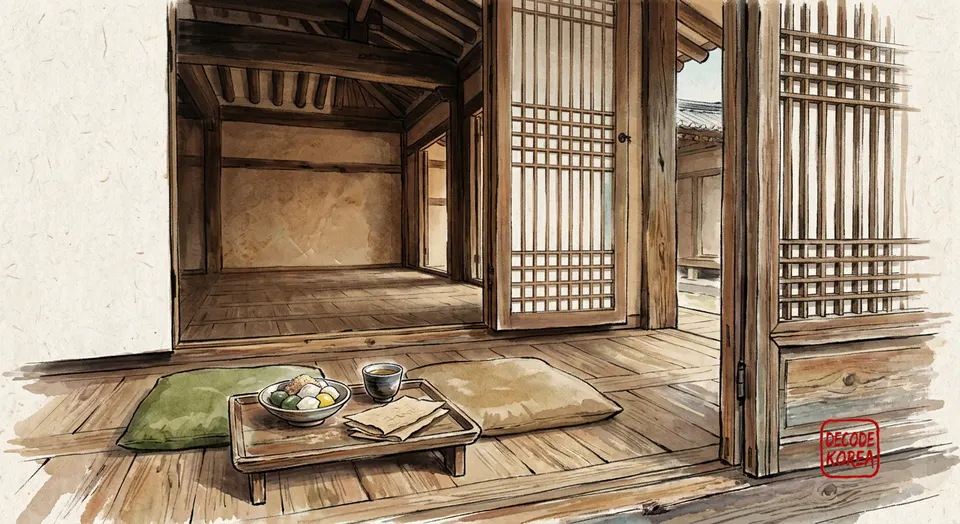 A modern ink-wash color painting of a small tray of songpyeon, fruit, a cup, and hanji beside empty floor cushions at a Korean doorway.