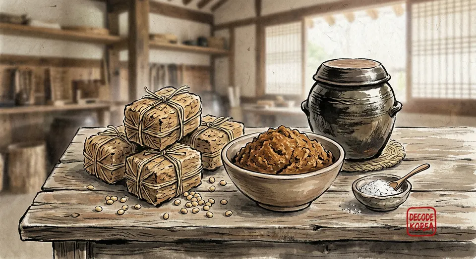 Ink-wash painting of doenjang, meju blocks, soybeans, salt, and an earthenware jar.