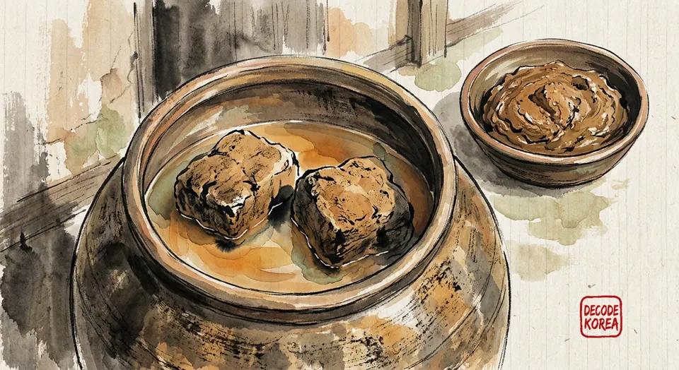 Ink-wash painting of meju blocks in amber brine beside a bowl of soybean paste.