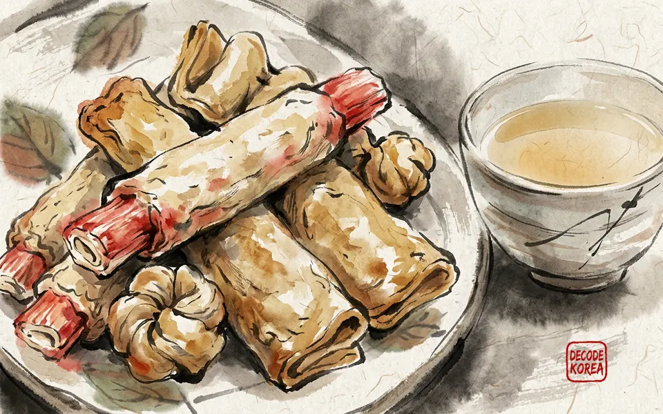 A modern ink-wash color painting close-up of folded and rolled Korean fish cakes in several shapes beside a cup of clear broth.