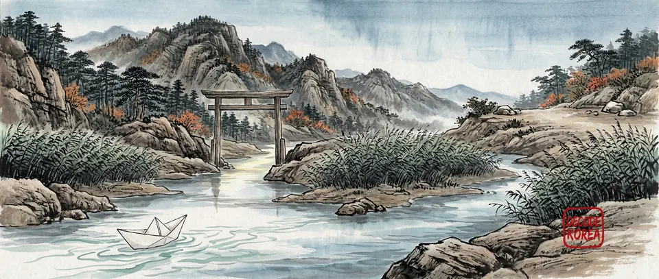 An empty folded-paper boat pauses before a wooden gate across an imagined ink-wash stream.