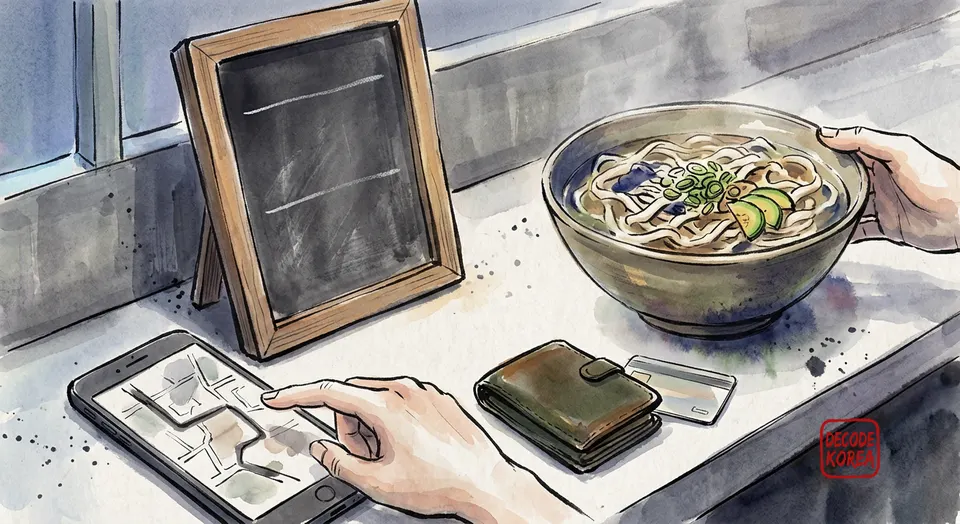 Ink-wash illustration of a hand checking a blank map beside a blank menu, wallet, transit card, and noodle bowl.