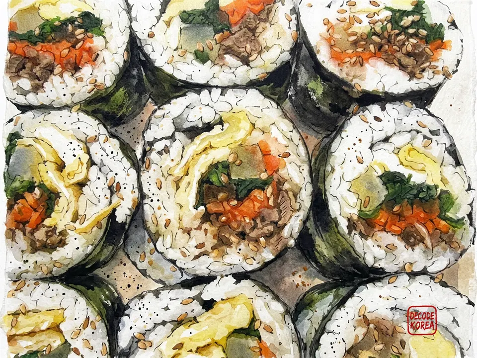 A modern ink-wash color painting close-up of sliced Korean gimbap showing rice, gim, egg, vegetables, and a savory center.
