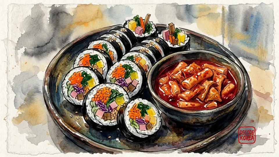 A modern ink-wash color painting of sliced Korean gimbap with colorful fillings on a dark ceramic plate.