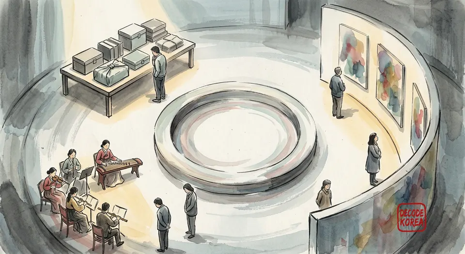 An imagined ink-wash cultural hall places archive objects, anonymous musicians, and abstract artworks around an open circle.
