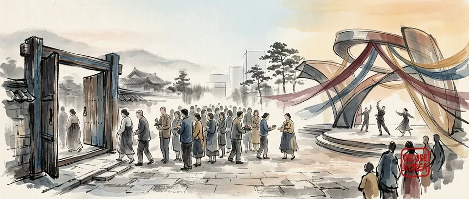 An AI-generated modern ink-wash illustration moving from an open historic doorway through a public gathering to an abstract performance stage.