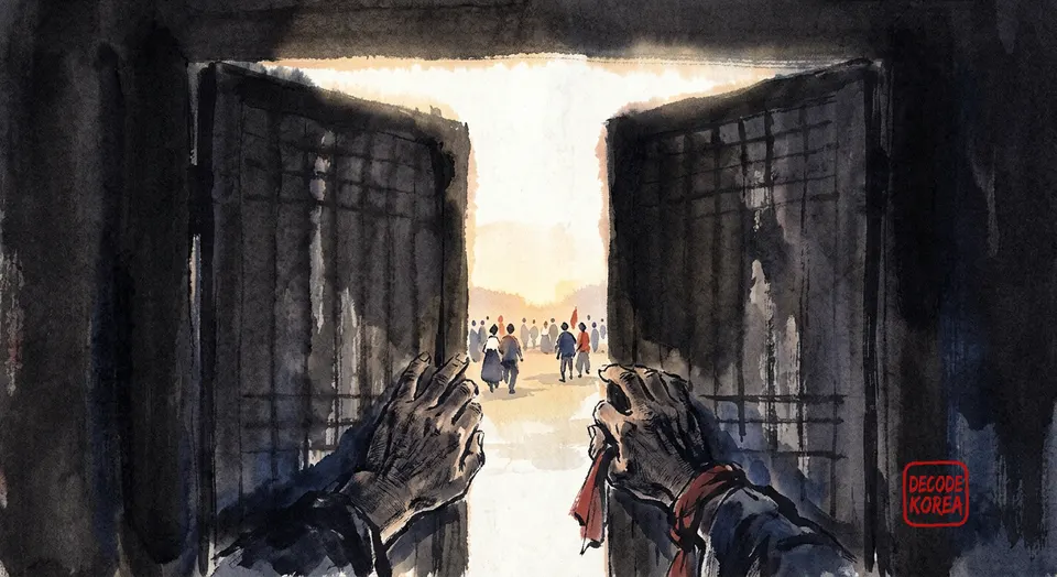 Anonymous painted hands open a dark paper threshold toward morning light and a distant gathering.