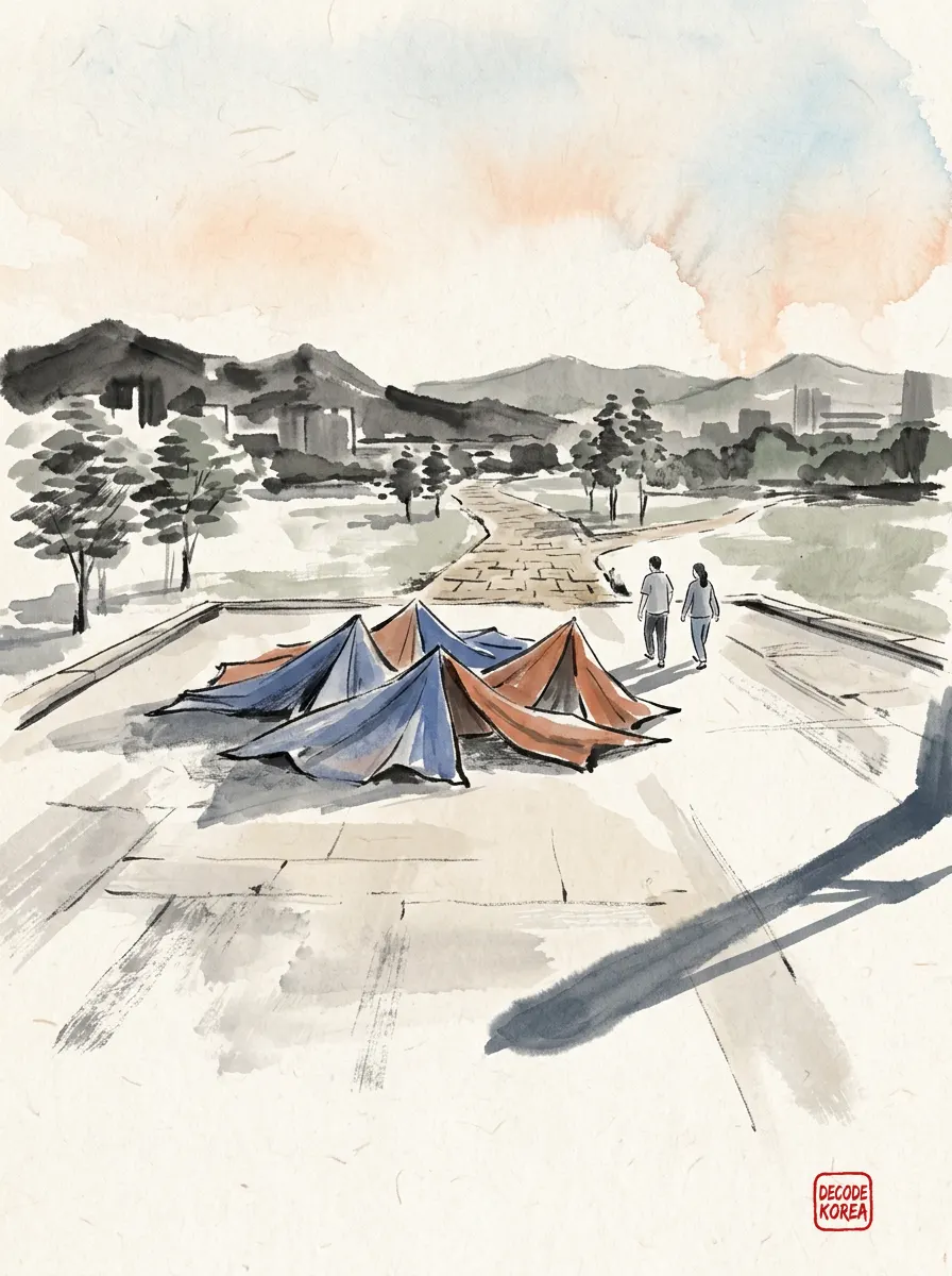 A Korean ink-wash landscape of a quiet abstract civic plaza with folded blue forms and two walkers continuing along an open path.
