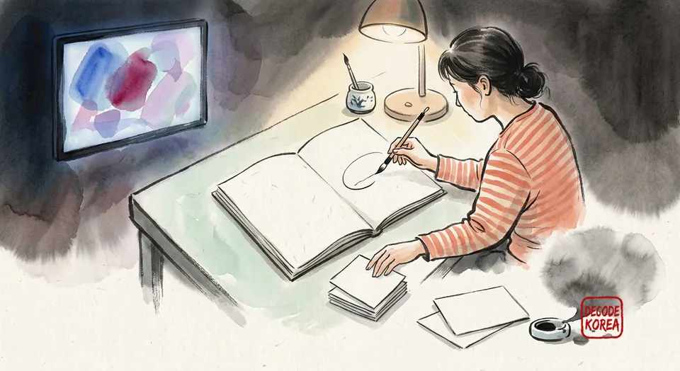A modern Korean ink-wash painting of a learner moving from a glowing abstract entertainment frame to blank Korean study cards and a speech practice bubble.