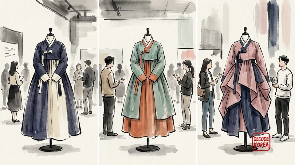 An AI-generated modern ink-wash illustration of three anonymous Hanbok ensembles displayed in an imagined exhibition hall.