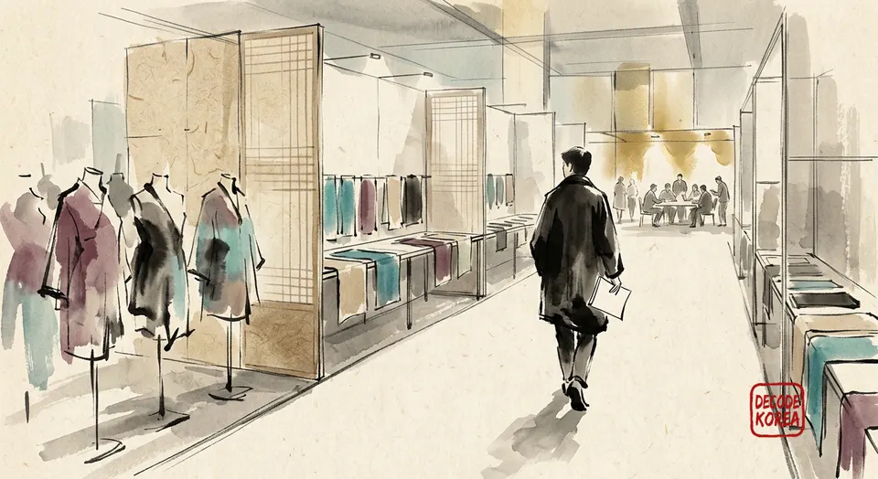 An AI-generated ink-wash illustration of an anonymous visitor moving through an imagined garment and fabric exhibition.