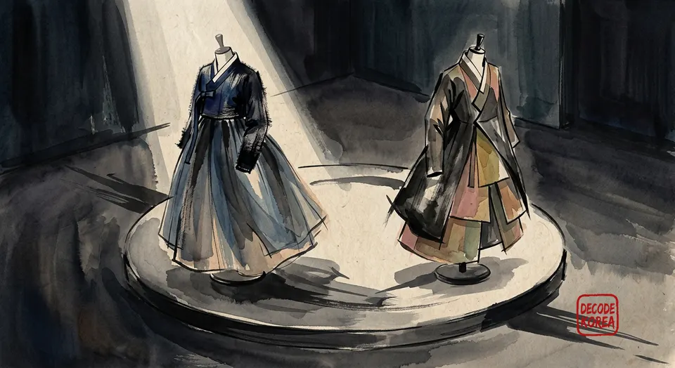 An AI-generated ink-wash illustration of two anonymous Hanbok-inspired ensembles on dress forms under gallery spotlights.