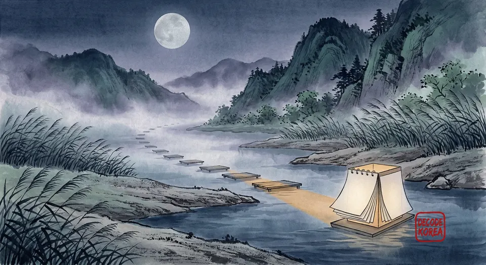 A moonlit Korean ink-wash river landscape with a blank paper calendar lantern selecting one of several landings.