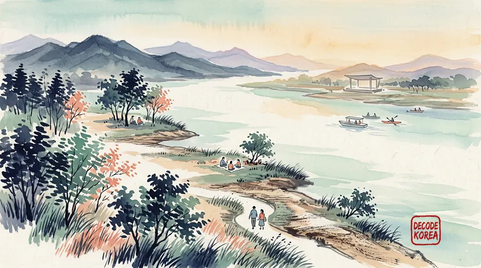 A symbolic Korean ink-wash panorama of the Hangang River suggesting several park choices through separated activity zones.