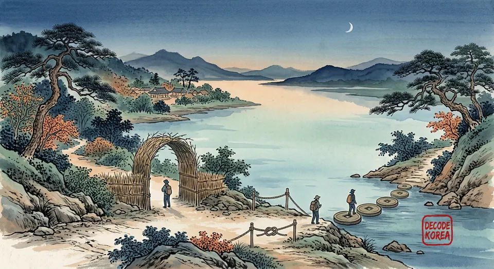 A contemporary Korean ink-wash landscape with three symbolic paths leading toward a calm river.
