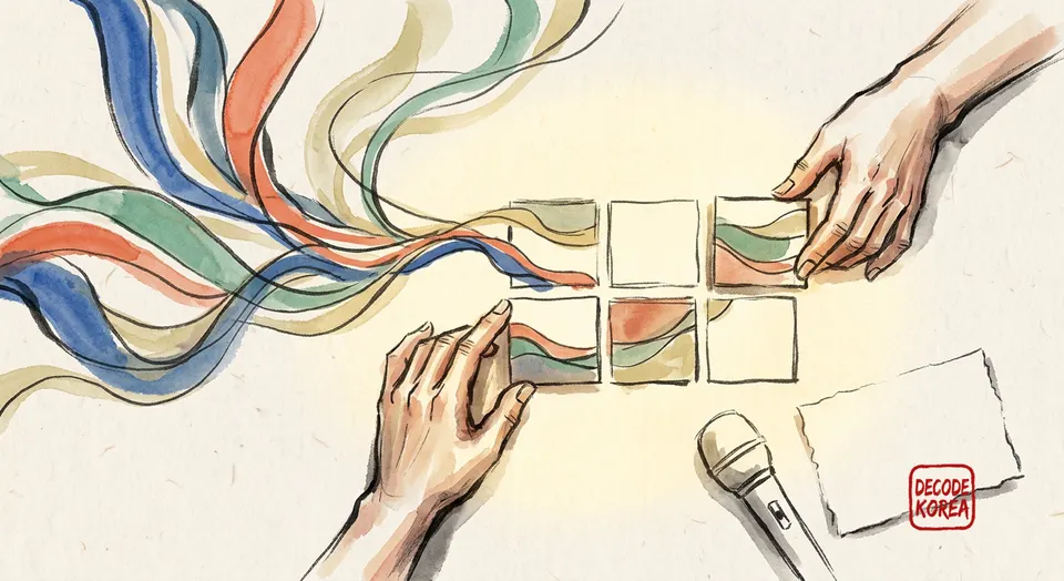 A modern Korean ink-wash painting of anonymous hands arranging abstract sound-wave ribbons into blank geometric syllable blocks beside a simple microphone.