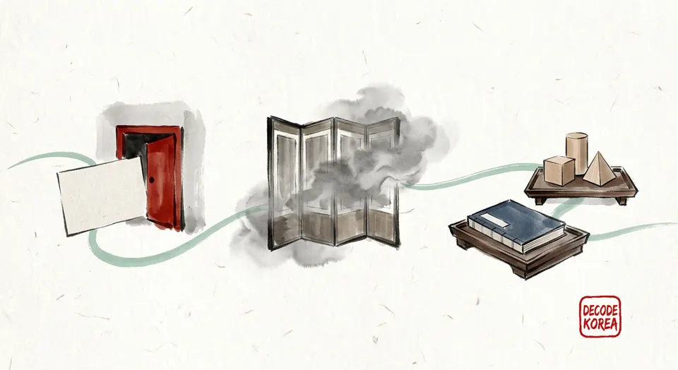 A modern Korean ink-wash painting of a blank application card, a folding screen obscured by ink mist, and two separate study objects.