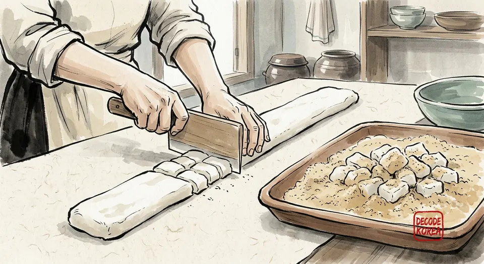 An AI-generated ink-wash editorial illustration of injeolmi being cut and coated beside a quiet Korean kitchen worktable.