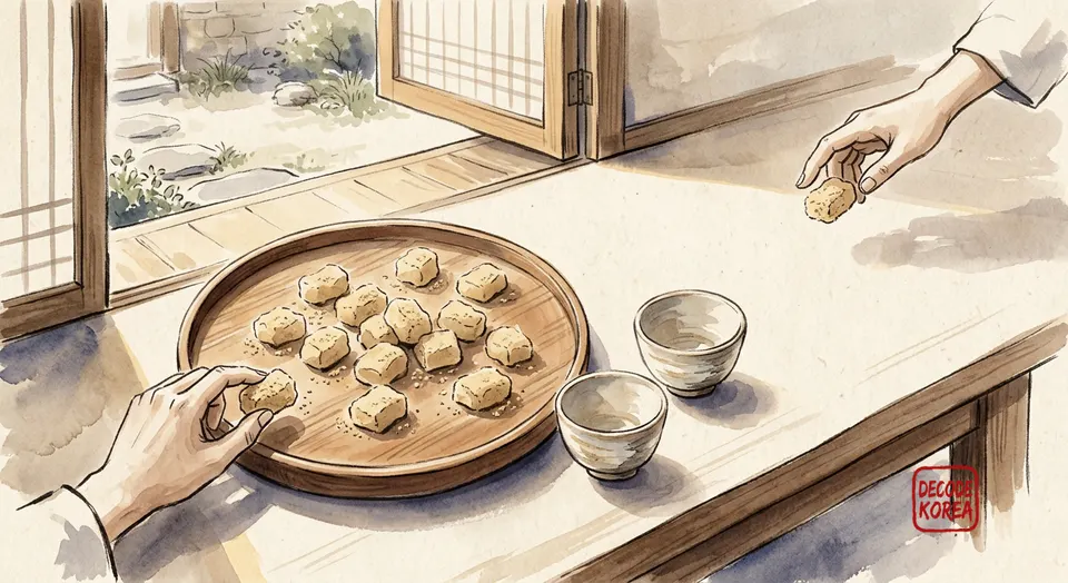 An AI-generated ink-wash illustration of small pieces of injeolmi on a shared wooden tray beside empty tea cups.