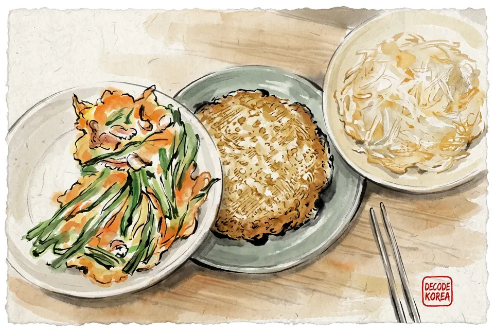 A modern ink-wash color painting of three Korean savory pancakes arranged for comparison: scallion pajeon, mung-bean bindaetteok, and potato gamjajeon.