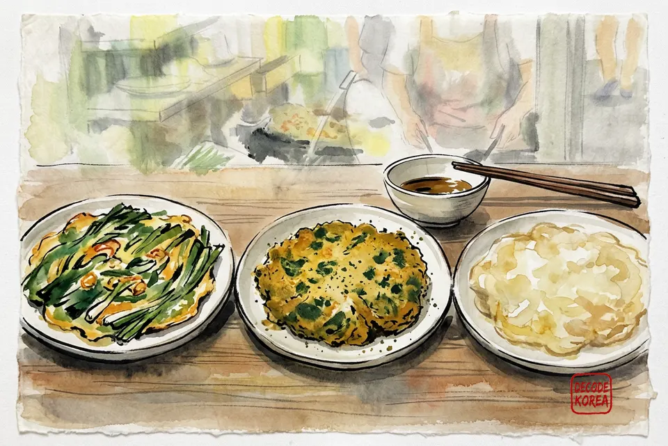 A modern ink-wash color painting of three Korean savory pancakes on ceramic plates: scallion pajeon, mung-bean bindaetteok, and potato gamjajeon.