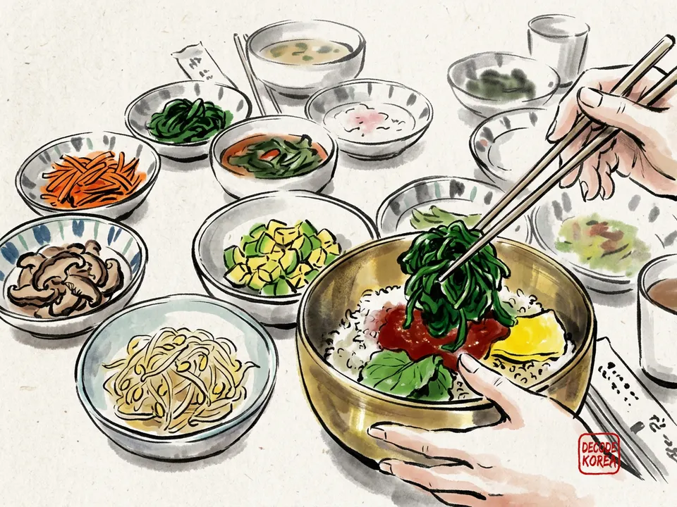 A modern ink-wash color painting of hands arranging seasoned spinach into a bibimbap bowl while separate bowls of carrot, zucchini, mushrooms, and bean sprouts wait nearby.