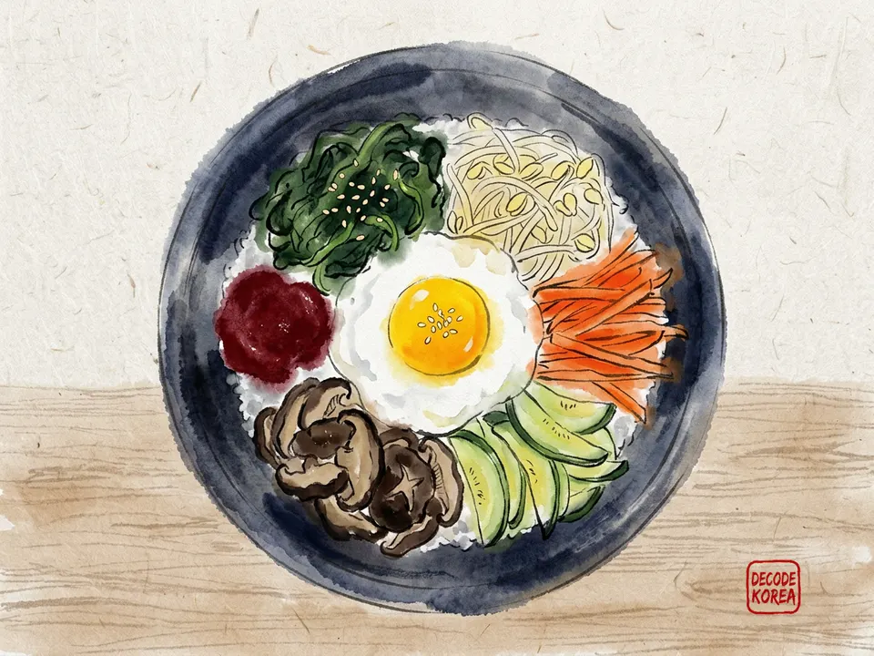 A modern ink-wash color painting of a Korean bibimbap bowl with rice surrounded by separate portions of seasoned spinach, bean sprouts, carrot, zucchini, mushrooms, egg, and gochujang.