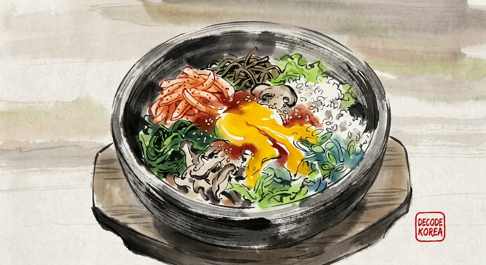 A modern ink-wash color painting of a bibimbap bowl after a gentle mix, with rice and vegetables still visibly distinct and a streak of egg yolk through the center.