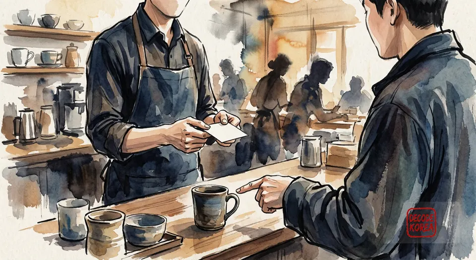 A modern ink-wash color painting of an anonymous customer pointing politely toward a ceramic cup while a cafe worker receives a blank order card.