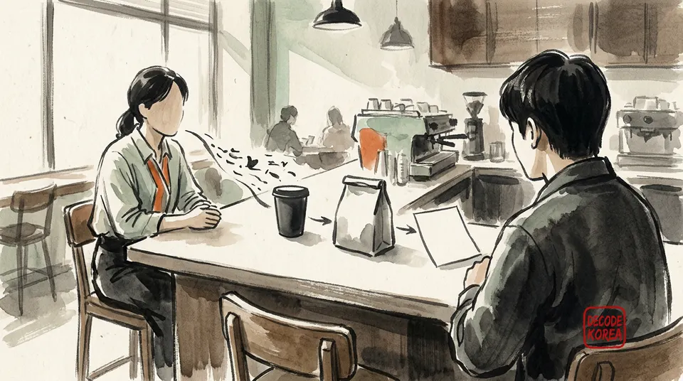 A modern ink-wash painting of two anonymous people at a cafe counter with a cup, plain bag, and blank paper slip arranged between them as listening cues.