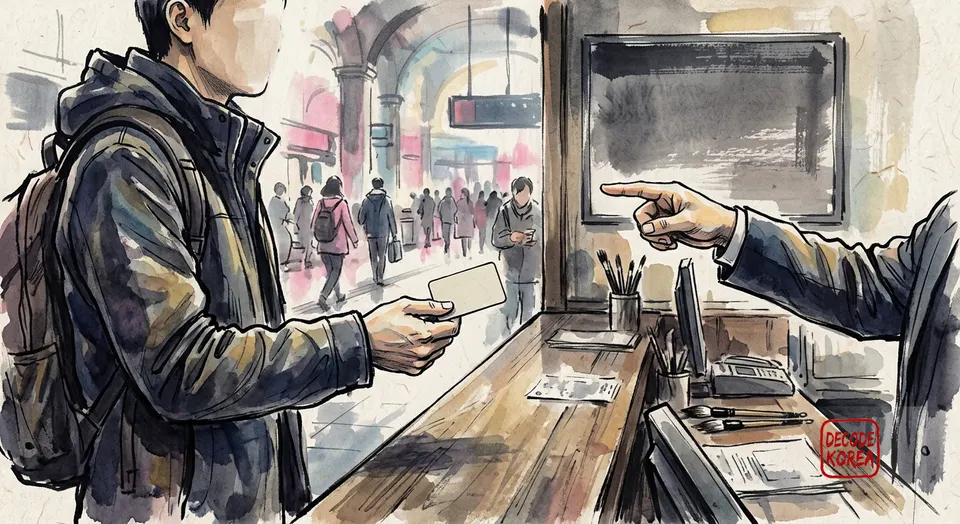 A modern ink-wash color painting of an anonymous traveler offering a blank transit card while another hand points toward a blank information panel at a station counter.